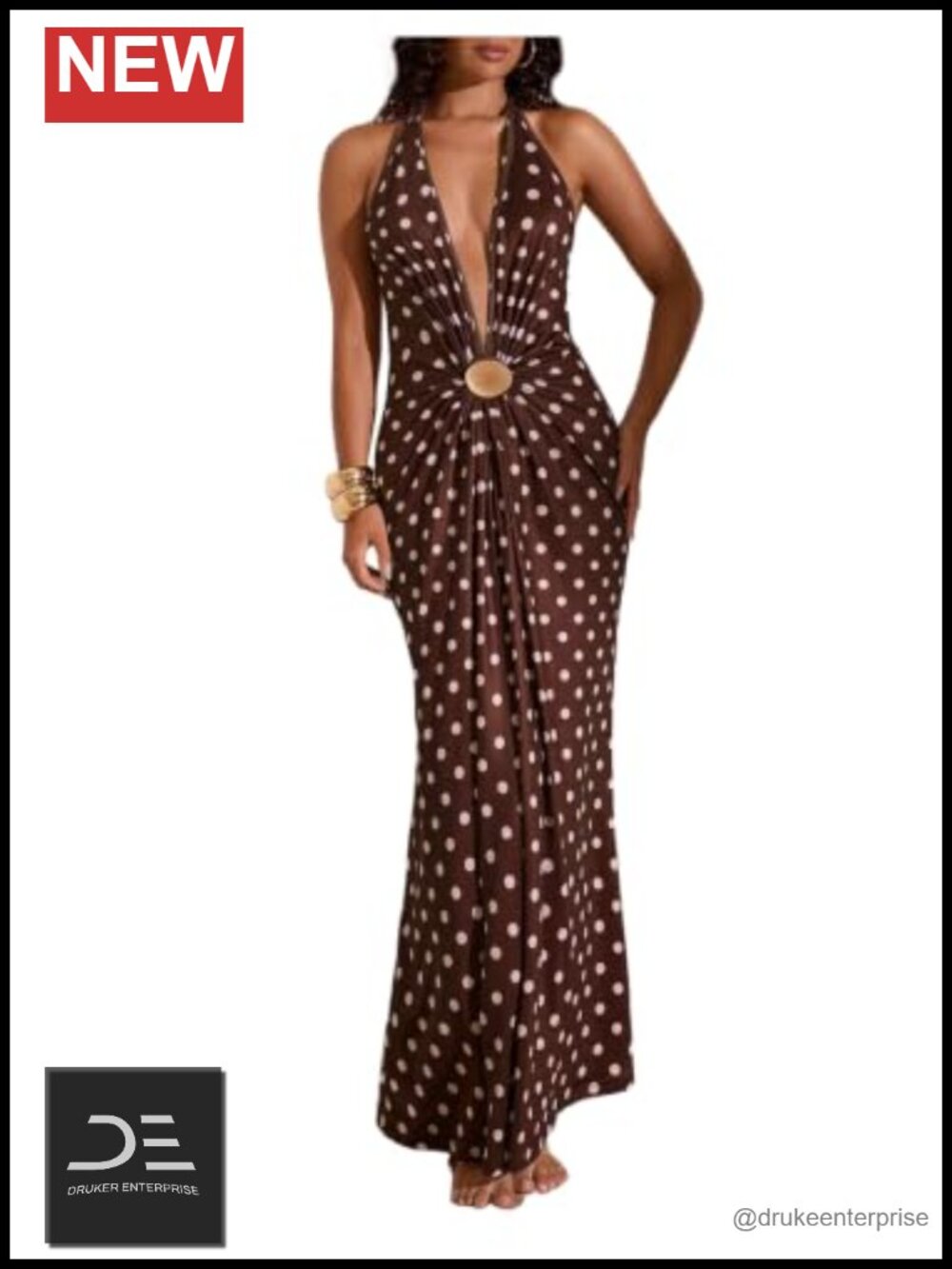 Women's Halter Maxi Dress Deep V Neck Polka Dot Backless